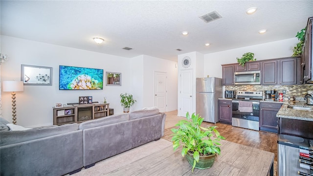 living room with sink, hardwood / wood-style floors, and a textured ceiling