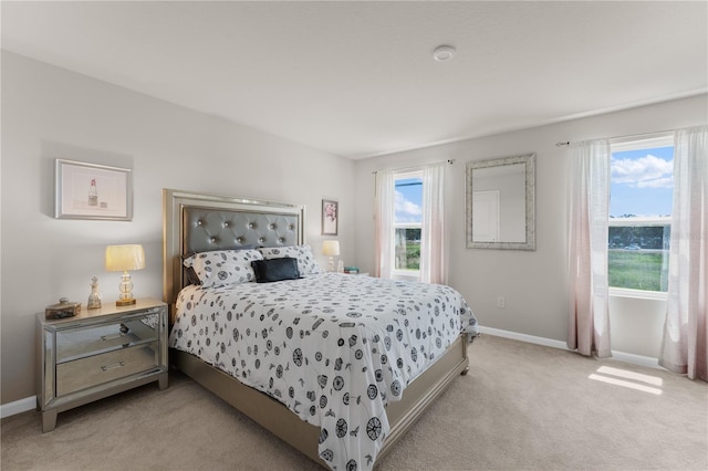 bedroom featuring multiple windows and light colored carpet