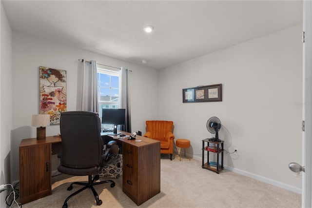 office area featuring light colored carpet