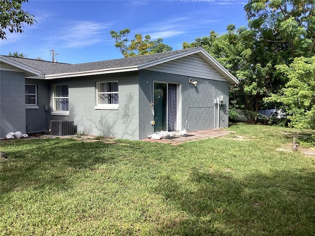 101 Albert St, Winter Springs, FL 32708 - back of house featuring central AC unit, a shingled roof, and concrete block siding