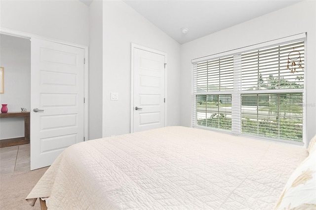 carpeted bedroom featuring vaulted ceiling and a closet