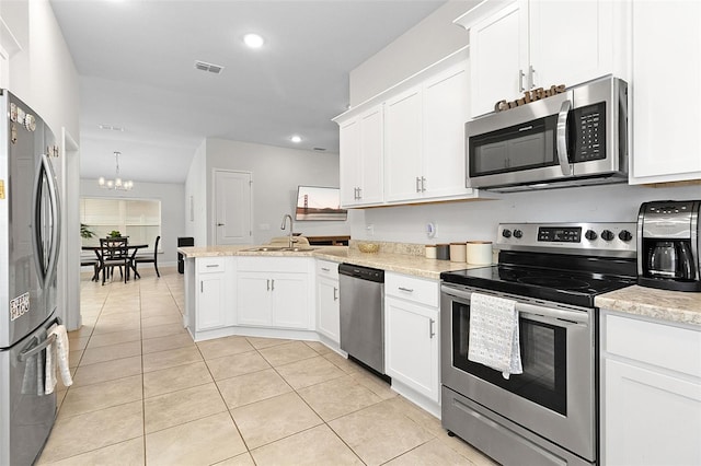 kitchen featuring kitchen peninsula, appliances with stainless steel finishes, white cabinets, and sink