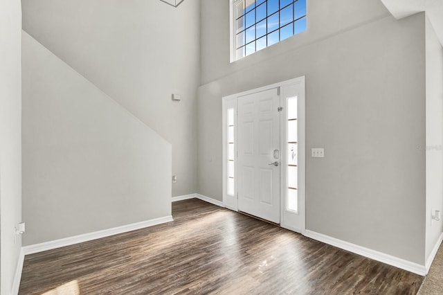 foyer with dark wood-type flooring and a high ceiling