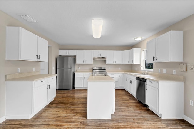 kitchen featuring a center island, white cabinets, stainless steel appliances, and sink