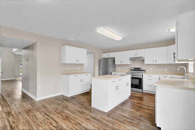 kitchen featuring white cabinets, sink, a kitchen island with sink, and appliances with stainless steel finishes