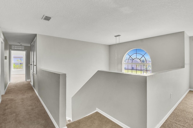 hall with carpet and a textured ceiling