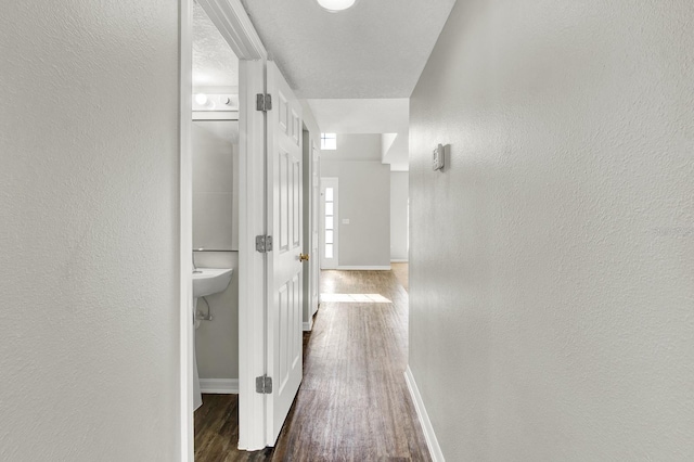 hallway featuring dark hardwood / wood-style flooring and a textured ceiling