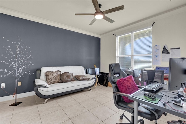 tiled office featuring ceiling fan and ornamental molding