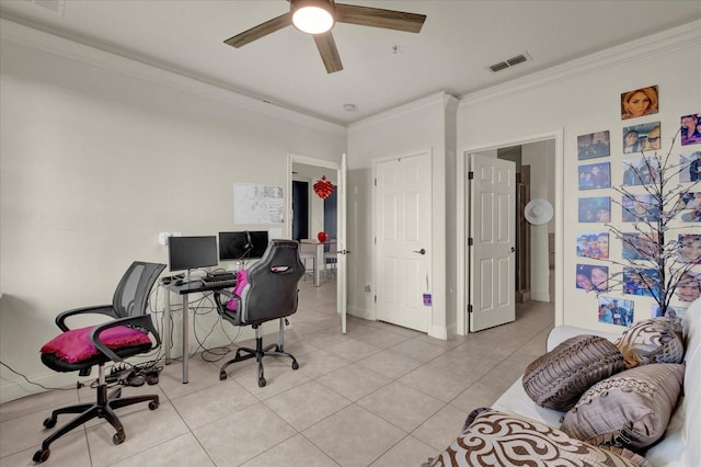 tiled office space with ceiling fan and ornamental molding