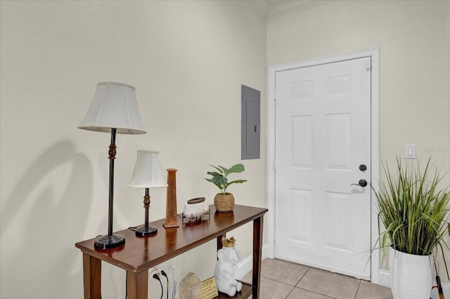 entrance foyer with light tile patterned floors and electric panel