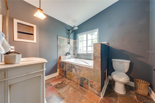 full bathroom with shower with separate bathtub, vanity, lofted ceiling, and toilet