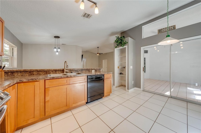 kitchen featuring ceiling fan, sink, light tile patterned floors, decorative light fixtures, and black dishwasher