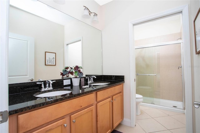 bathroom with tile patterned flooring, vanity, toilet, and walk in shower