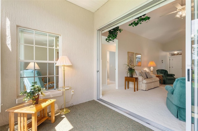 interior space with ceiling fan and vaulted ceiling