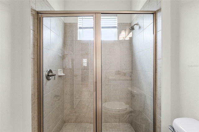 bathroom featuring a shower with door and toilet