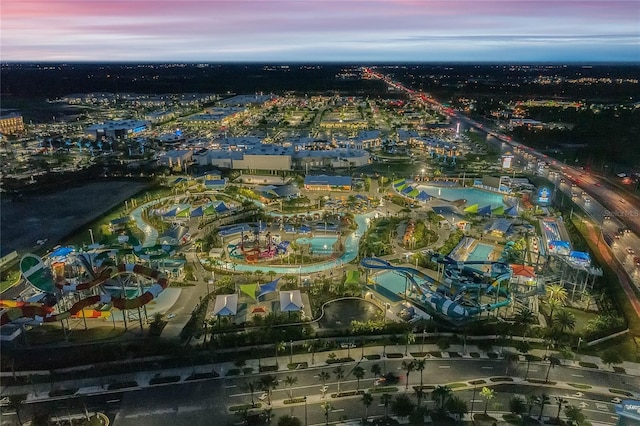 view of aerial view at dusk