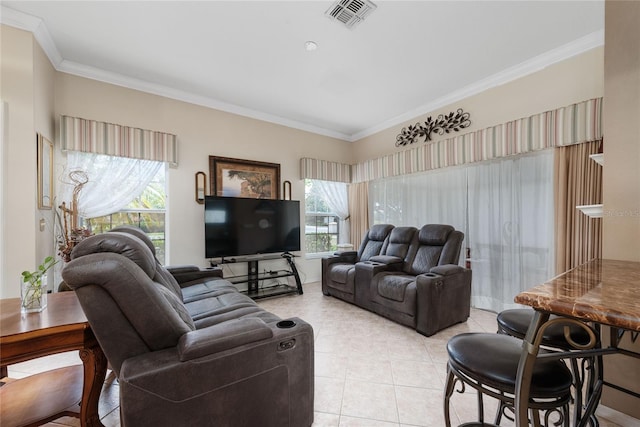 tiled living room featuring ornamental molding