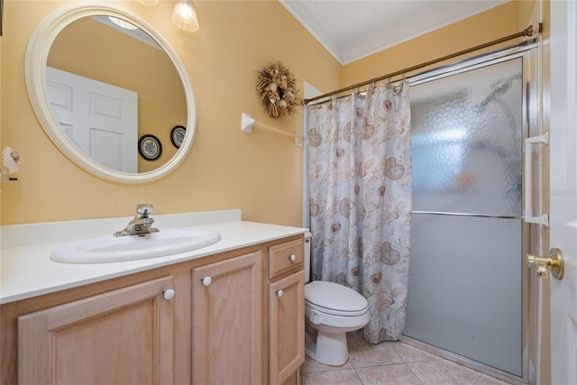 bathroom featuring a shower with curtain, tile patterned floors, crown molding, toilet, and vanity