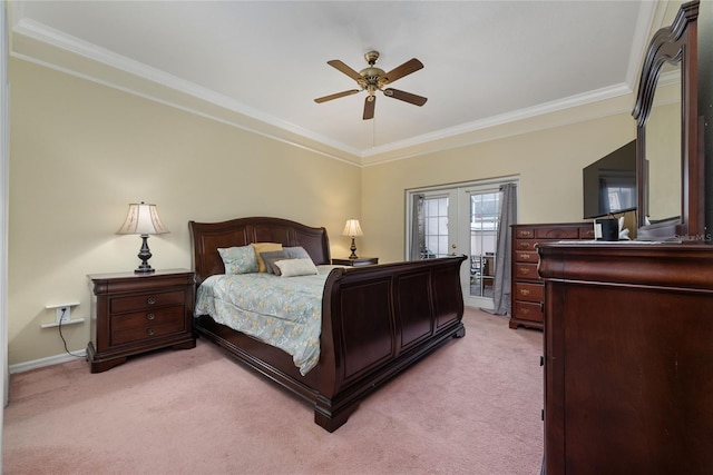 bedroom featuring ceiling fan, french doors, crown molding, light colored carpet, and access to outside