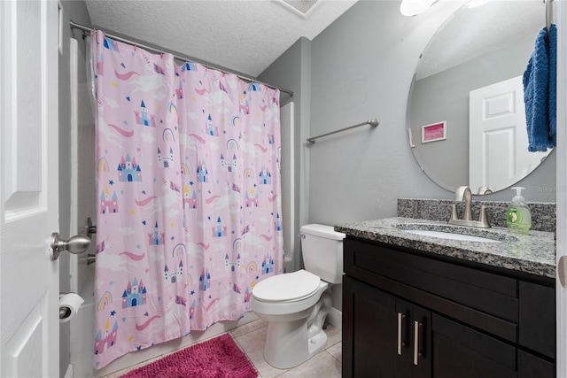 bathroom featuring a textured ceiling, tile patterned floors, vanity, toilet, and a shower with shower curtain