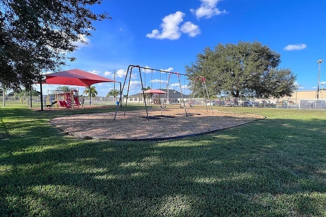 view of jungle gym featuring a yard