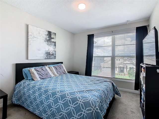 bedroom with a textured ceiling, carpet floors, and multiple windows