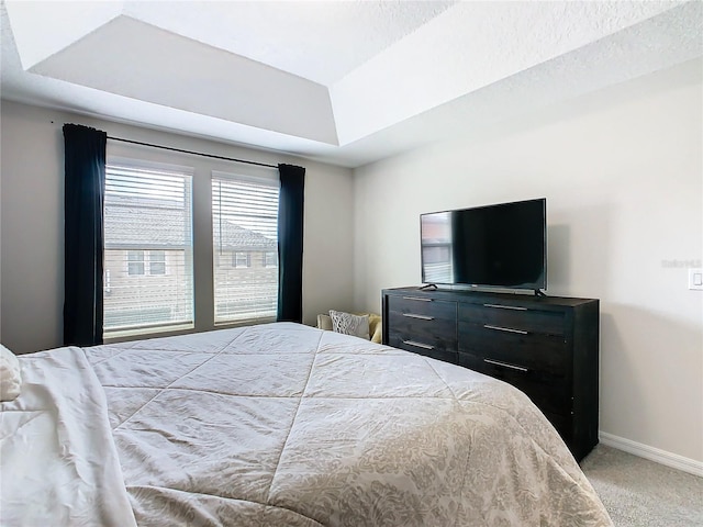 bedroom featuring carpet floors and a tray ceiling