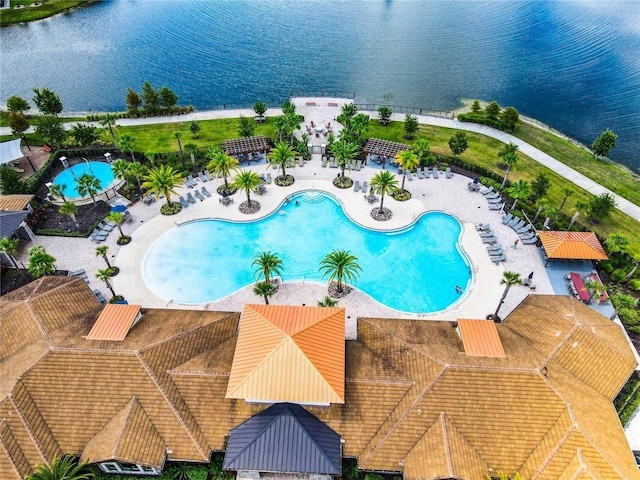 drone / aerial view featuring a water view