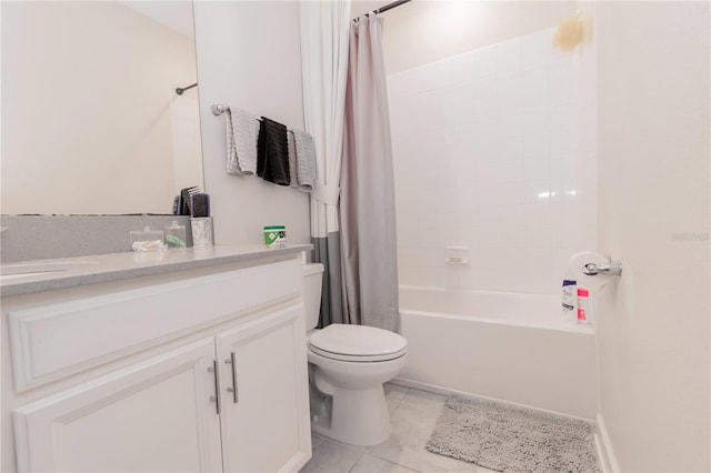 full bathroom with tile flooring, vanity, toilet, and shower / bath combo with shower curtain