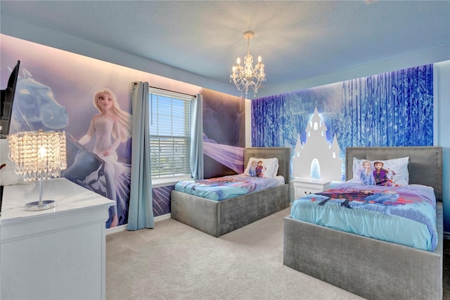 carpeted bedroom with a chandelier