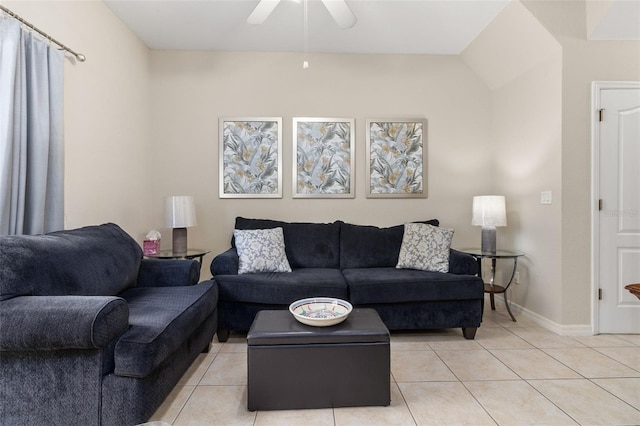 living room with light tile patterned floors and ceiling fan