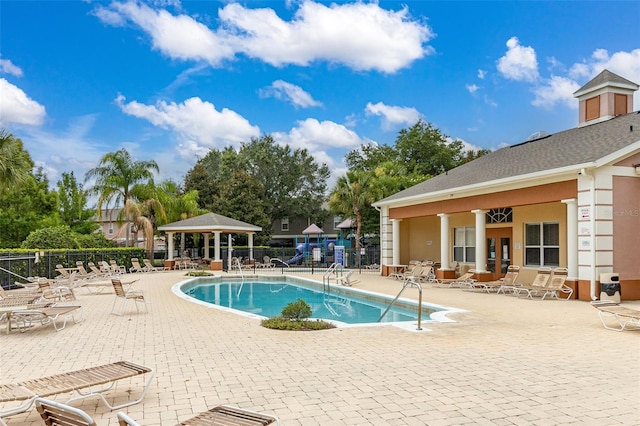 view of pool featuring a gazebo and a patio area