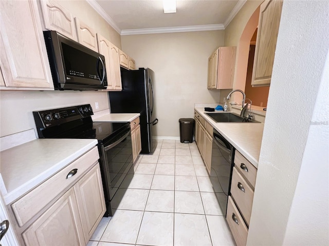 kitchen with crown molding, sink, light tile patterned floors, and black appliances