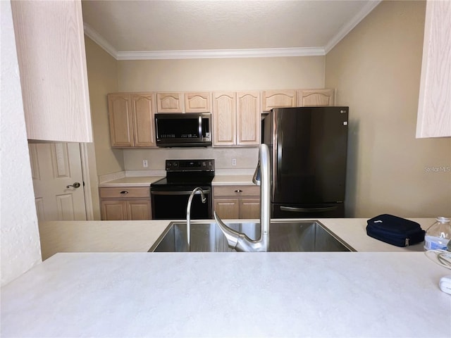 kitchen featuring light brown cabinetry, electric range, stainless steel refrigerator, and crown molding