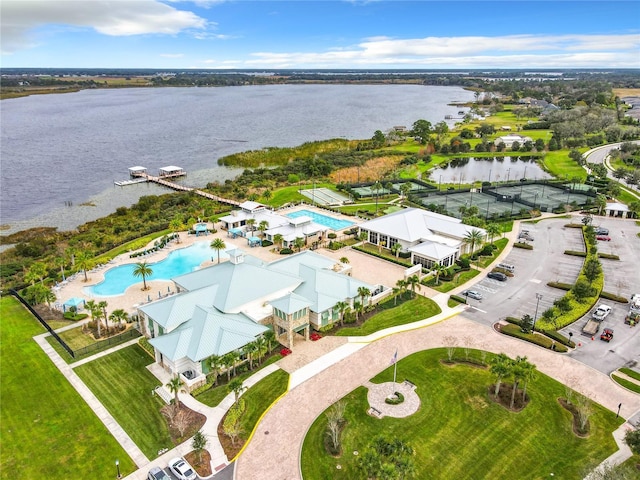 aerial view featuring a water view