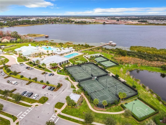 drone / aerial view with a water view