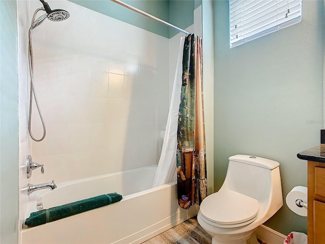 full bathroom with toilet, vanity, shower / bathtub combination with curtain, and wood-type flooring