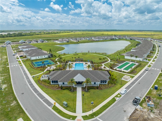 drone / aerial view featuring a water view