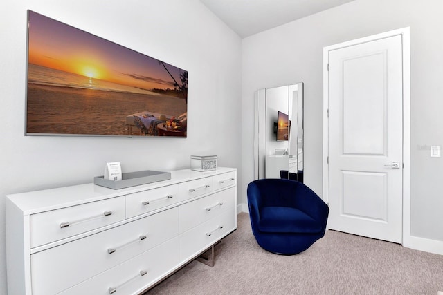 living area featuring washer / dryer and light colored carpet