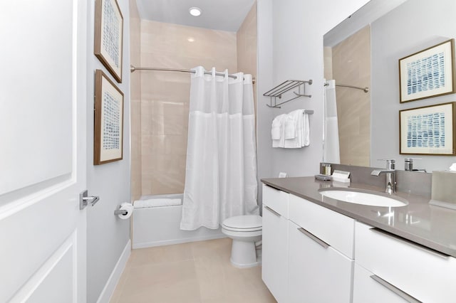 full bathroom with vanity, tile patterned flooring, shower / bathtub combination with curtain, and toilet