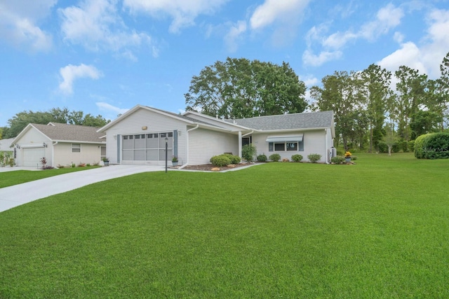 single story home featuring a front yard and a garage