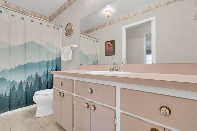 bathroom with tile patterned floors, vanity, curtained shower, and toilet