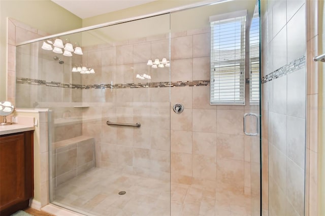 bathroom featuring vanity and walk in shower