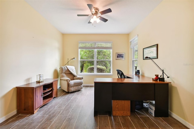 office area with ceiling fan and dark hardwood / wood-style flooring