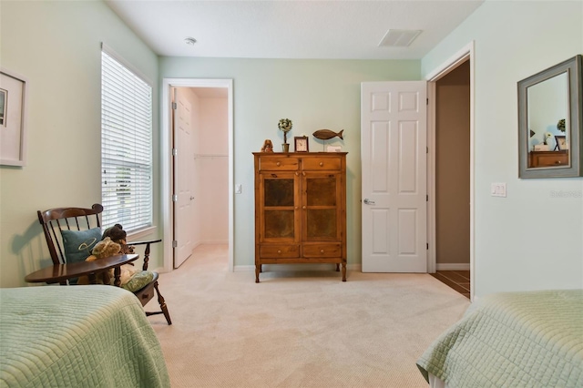 bedroom featuring light carpet and a spacious closet