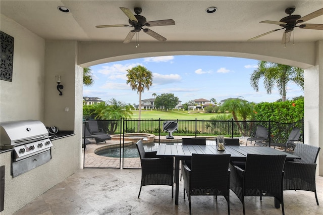 view of patio featuring a pool with hot tub, ceiling fan, and a grill