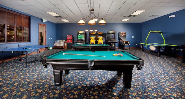 playroom with carpet flooring, a paneled ceiling, and pool table