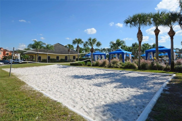 surrounding community with volleyball court and a lawn