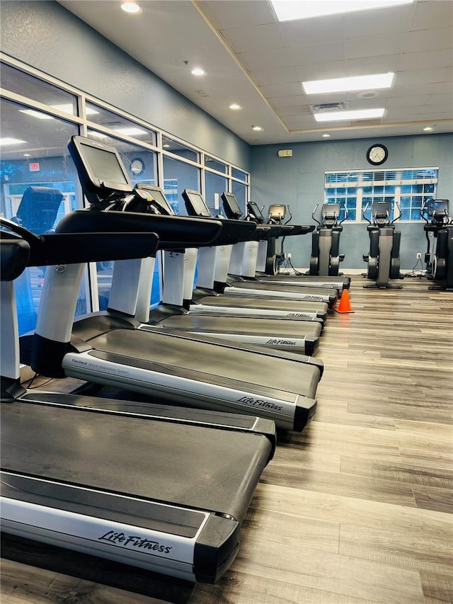 exercise room with hardwood / wood-style flooring and a paneled ceiling