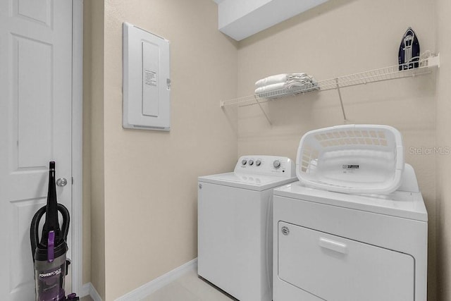 laundry room with electric panel and washing machine and dryer